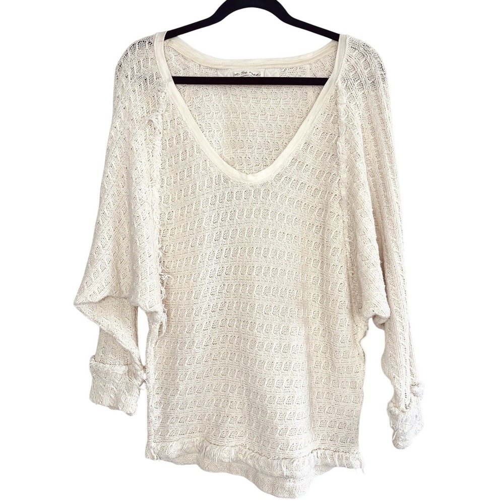 We The Free People Thien Hacci Ivory Textured Knit Fringe V-Neck Oversized Small